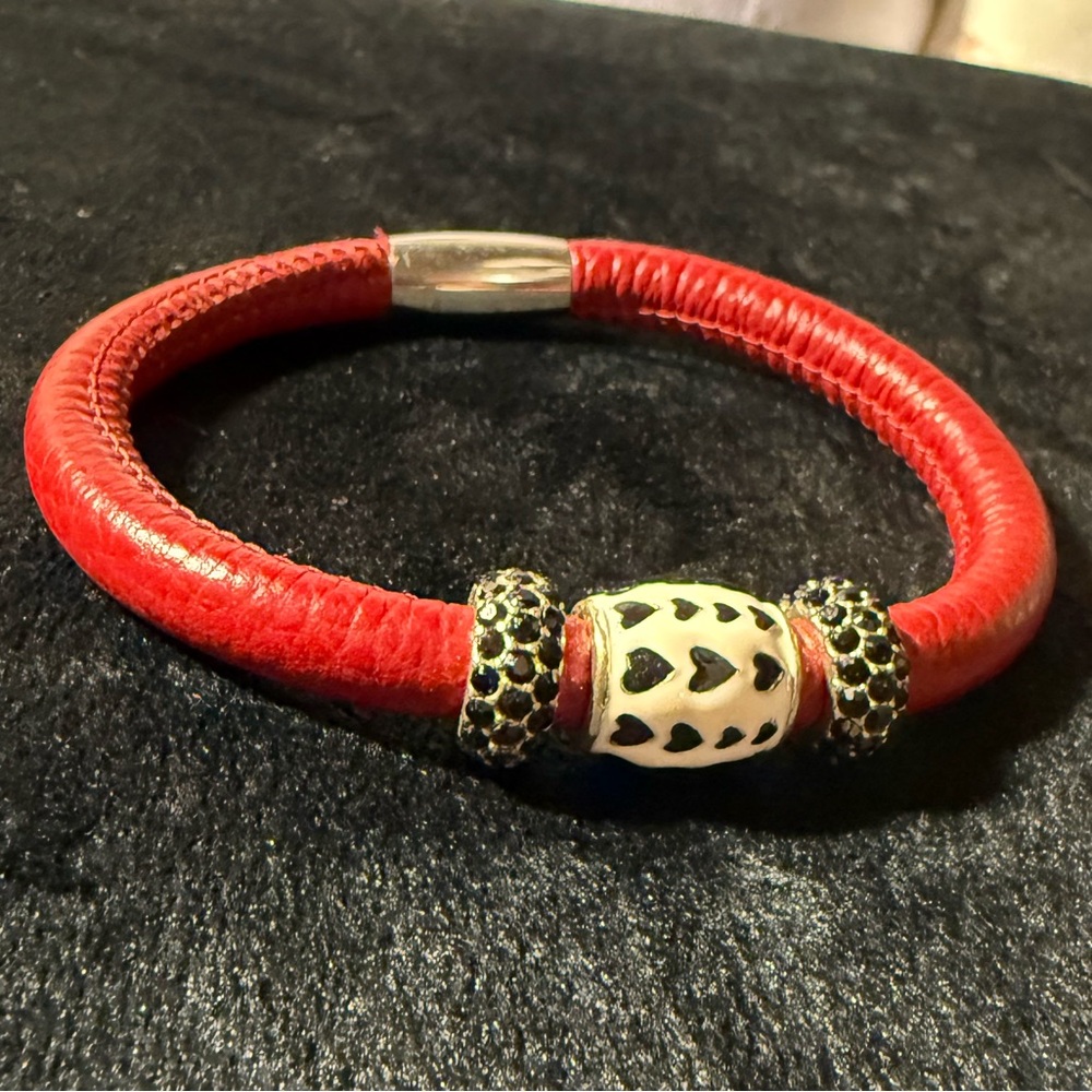 genuine red leather Brighton beaded heart cz stones bracelet.  Magnetic clasp.